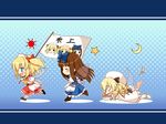  &gt;_&lt; bangs blonde_hair blue_eyes blunt_bangs brown_hair chibi closed_eyes crescent drill_hair fallen_down fang flag halftone halftone_background long_hair luna_child multiple_girls ribbon shoes single_shoe slippers star star_sapphire sun_(symbol) sunny_milk touhou tripping twintails wings yamasan yousei_daisensou 