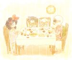  3boys bad_id bad_pixiv_id bald beige_background bow chair closed_eyes dinner dragon_ball dragon_ball_(classic) eating food full_body hair_bow hairband indoors kuririn lunch_(dragon_ball) multiple_boys muten_roushi plate potip red_bow sepia simple_background sitting son_gokuu sunglasses table 