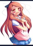  bad_id bad_pixiv_id blush bow brown_eyes brown_hair embarrassed hair_bow highres idolmaster idolmaster_(classic) idolmaster_2 long_hair minase_iori natsu_(anta_tte_hitoha) open_mouth plaid plaid_skirt pleated_skirt school_uniform skirt solo sweat sweater_vest 