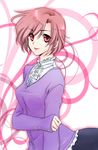  alternate_costume arm_grab face frills highres lipstick makeup meiko pink_eyes pink_hair short_hair smile solo vocaloid yuh 