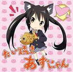  1girl animal_ears black_hair blush cat_ears chibi food heart ixy k-on! long_hair nakano_azusa orange_eyes school_uniform smile solo spoken_heart taiyaki wagashi 