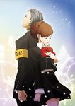  1girl armband back-to-back bow brown_hair closed_eyes couple female_protagonist_(persona_3) hand_on_own_chest headphones hetero maruo_(artist) odagiri_hidetoshi persona persona_3 persona_3_portable school_uniform skirt smile 