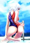  ass blue_eyes casual_one-piece_swimsuit dearmybrothers long_hair looking_back one-piece_swimsuit pool silver_hair solo swimsuit touhou yagokoro_eirin 