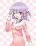  bad_id bad_pixiv_id brown_eyes hayate_no_gotoku! mayumizu one_eye_closed purple_hair school_uniform segawa_izumi serafuku short_hair solo twintails v 