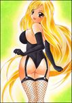  ass blonde_hair breasts elbow_gloves fishnet_legwear fishnets garter_belt gloves large_breasts leotard long_hair looking_back marker_(medium) original pastel_(medium) solo thighhighs traditional_media very_long_hair yadokari_genpachirou yellow_eyes 