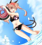  animal_ears bikini cat_ears cat_tail dutch_angle highres kaenbyou_rin multiple_tails navel one_eye_closed red_eyes red_hair side-tie_bikini solo soto_miyako swimsuit tail tankini touhou twintails wading water wet 