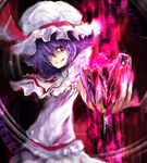  bad_id bad_pixiv_id blue_hair bow broken_glass cup dress drinking_glass glass glowing glowing_eyes grin hair_over_one_eye hat highres red_eyes remilia_scarlet ribbon smile solo tears touhou wine_glass yui_(niikyouzou) 