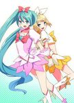  aqua_eyes aqua_hair bad_id bad_pixiv_id blonde_hair blush boots bow choker cosplay cure_blossom cure_blossom_(cosplay) cure_sunshine cure_sunshine_(cosplay) hair_ornament hair_ribbon hairclip hatsune_miku heartcatch_precure! hyakuen_raitaa kagamine_rin knee_boots long_hair magical_girl multiple_girls pink_choker pink_skirt precure ribbon short_hair skirt smile twintails vocaloid wrist_cuffs yellow_bow yellow_skirt 