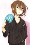  black_eyes brown_hair fan hot hrd japanese_clothes original paper_fan short_hair solo sweat uchiwa 