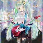  aqua_hair bad_id bad_pixiv_id flower guitar hair_flower hair_ornament hatsune_miku instrument jewelry long_hair lulubebe mismatched_legwear mouse_(computer) necklace pantyhose pearl_necklace ribbon solo thighhighs tree twintails very_long_hair vocaloid 