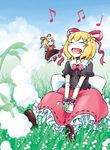  :d bad_id bad_pixiv_id blonde_hair doll doll_joints flower hair_ribbon highres lily_of_the_valley medicine_melancholy music musical_note open_mouth ribbon short_hair singing smile solo su-san touhou yoekosukii 