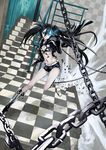  absurdres bikini_top black_hair black_rock_shooter black_rock_shooter_(character) boots chain checkered checkered_floor highres long_hair long_legs navel perspective realmbw short_shorts shorts slender solo stairs sword twintails weapon 