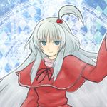  bad_id bad_pixiv_id blue_eyes capelet hair_bobbles hair_ornament long_hair lowres red_capelet shinki side_ponytail silver_hair solo touhou umi_hare 