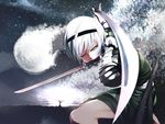  amputee bandages black_hairband dual_wielding fk foreshortening full_moon green_eyes hairband highres holding konpaku_youmu moon mouth_hold one_eye_closed scabbard sheath short_hair silver_hair solo sword torn_clothes touhou tree weapon white_hair wince 