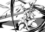  akudato fang flandre_scarlet greyscale hat highres monochrome solo squatting touhou wings 
