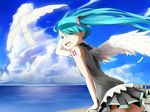  aqua_eyes aqua_hair bird cloud day hatsune_miku long_hair skirt sky smile solo takami_mikata twintails vocaloid wings 