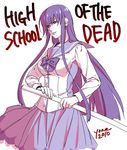  bokken busujima_saeko highschool_of_the_dead kazuki_yone long_hair purple_hair school_uniform solo sword weapon wooden_sword 