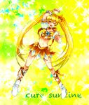  bad_id bad_pixiv_id blonde_hair boots bow character_name choker cure_sunshine hair_ribbon heart heartcatch_precure! knee_boots long_hair magical_girl midriff myoudouin_itsuki navel one_eye_closed orange_choker orange_skirt precure ribbon skirt solo twintails yellow yellow_background yellow_bow yellow_eyes 