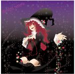  english hat long_hair original red_eyes red_hair shino_(blackalice) sitting smile solo star thighhighs witch witch_hat 