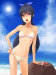  bad_id bad_pixiv_id beach bikini black_hair brown_eyes day food fruit haru_(snowdrop) long_hair mouth_hold original rock solo strawberry swimsuit tube 