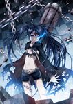  absurdres belt bikini_top black_hair black_rock_shooter black_rock_shooter_(character) blue_eyes burning_eye cape chain checkered highres long_hair mauve motion_blur outstretched_hand ringed_eyes scar shorts solo twintails uneven_twintails 