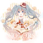  2girls aqua_eyes aqua_hair book castle chibi face flower hat hatsune_miku kagamine_len kagamine_rin komine multiple_girls open_mouth pink_flower pink_rose rose top_hat twintails vocaloid 