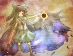  1girl akihiyo arm_cannon asymmetrical_clothes asymmetrical_footwear black_hair black_sun black_wings cape character_name commentary_request green_skirt hair_ornament hair_ribbon light_smile long_hair mismatched_footwear no_nose outstretched_arm photoshop_(medium) red_eyes reiuji_utsuho ribbon skirt smile solo sun thighhighs touhou weapon wings 