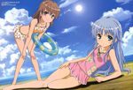  absurdres barefoot beach bikini blue_hair blue_innertube brown_eyes brown_hair casual_one-piece_swimsuit cloud day flat_chest floral_print green_eyes hair_ornament hairclip highres index innertube leaning_forward legs long_hair lying megami misaka_mikoto multiple_girls navel non-web_source ocean official_art on_side one-piece_swimsuit outdoors pink_swimsuit polka_dot shinohara_kenji short_hair sky swimsuit to_aru_kagaku_no_railgun to_aru_majutsu_no_index water 