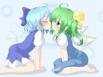  ahoge barefoot blue_eyes blue_hair blush bow child cirno closed_eyes couple daiyousei green_hair hair_bow imminent_kiss jpeg_artifacts multiple_girls natsu_no_koucha profile short_hair touhou wings yuri 