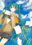  :&lt; aqua_eyes aqua_hair bow buzz chain-link_fence cloud day envelope fence hatsune_miku heart highres long_hair long_sleeves notebook outdoors pen plaid plaid_skirt school_uniform skirt sky solo stationery sweater twintails very_long_hair vocaloid 