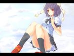  blouse blush cloud convenient_leg konimaru lavender_hair letterboxed looking_at_viewer necktie red_eyes shameimaru_aya short_hair sitting skirt socks solo touhou 