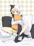  animal_hood blonde_hair cat_hood hood loose_socks original pillow red_eyes shorts sleeves_past_wrists socks solo takanuma_tama yellow_eyes 