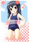  black_hair brown_eyes eighth_note flower hair_flower hair_ornament hibiscus innertube k-on! karaage3 long_hair musical_note nakano_azusa one-piece_swimsuit school_swimsuit solo speech_bubble spoken_musical_note sun swimsuit twintails younger 