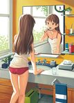  analog_clock arm_support ass bare_legs bathroom breasts brown_eyes brown_hair brushing_teeth camisole character_request cleavage clock cup day drawer drinking_glass flower from_behind glass indoors katou_akatsuki legs long_hair looking_at_mirror medium_breasts mirror morning_on_earth panties pipes plant potted_plant red_panties reflection sink soap soap_bottle solo spaghetti_strap strap_slip sunlight tissue tissue_box toothbrush towel towel_rack trash_can underwear underwear_only water window 