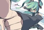  1girl bad_id bad_pixiv_id blood detached_sleeves foreshortening green_hair hatsune_miku long_hair mouth_hold necktie pointing red_eyes solo spring_onion twintails vocaloid 