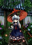  blue_hair book dress fireflies flower hat hydrangea jiageya_(atojian_keikaku) kamishirasawa_keine long_hair oriental_umbrella purple_eyes rain smile solo touhou tree umbrella 