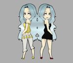  alternate_costume before_and_after blue_hair chibi elite_four karin_(pokemon) long_hair multiple_girls pokemon pokemon_(game) pokemon_gsc simple_background smirk symmetry t-shirt_material very_long_hair 