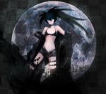  bare_shoulders belt bikini_top black_hair black_rock_shooter black_rock_shooter_(character) blue_eyes checkered checkered_background coat flat_chest full_moon glowing glowing_eyes long_hair moekyon moon scar shorts solo twintails 