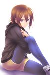  alternate_hairstyle blue_legwear brown_eyes brown_hair hood hoodie k-on! legs legwear_under_shorts nanakusa no_thank_you! pantyhose shorts simple_background solo tainaka_ritsu 