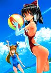  ball beachball black_hair bow closed_eyes dutch_angle elbow_gloves gloves hair_bow hair_ribbon hakurei_reimu horns ibuki_suika multiple_girls ocean one-piece_swimsuit ponytail ribbon school_swimsuit swimsuit touhou wading water waving yaten 