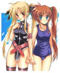  :p belt blonde_hair blue_eyes brown_hair fate_testarossa holding_hands jewelry long_hair lyrical_nanoha magical_girl mahou_shoujo_lyrical_nanoha_strikers multiple_girls necklace one-piece_swimsuit raising_heart red_eyes san-pon school_swimsuit side_ponytail swimsuit takamachi_nanoha thigh_gap thighhighs tongue tongue_out twintails 