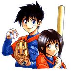  1girl baseball baseball_bat baseball_mitt black_hair blue_eyes brown_eyes brown_hair honda_gorou major nock_(dokkoisho) shimizu_kaoru short_hair traditional_media younger 