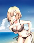  beach bikini blonde_hair breasts brown_eyes cleavage day leaning_forward medium_breasts nyan_sensei original polka_dot polka_dot_bikini polka_dot_swimsuit solo swimsuit 