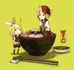  1girl blonde_hair blue_eyes bow bowl brother_and_sister chopsticks food glider_(artist) hair_bow headphones in_bowl in_container in_food kagamine_len kagamine_rin miniboy minigirl rice siblings twins vocaloid 