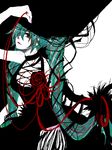  alternate_eye_color arm_up bare_shoulders black_choker black_dress breasts choker cleavage closed_mouth collarbone cowboy_shot dress hair_over_one_eye hatsune_miku long_hair looking_at_viewer love_atomic_transfer_(vocaloid) medium_breasts purple_lips red_eyes shino_(blackalice) sleeveless sleeveless_dress smile solo tegaki two-tone_background vocaloid 