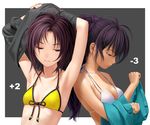  antenna_hair armpits bikini_top breasts cleavage commentary_request flat_chest ganaha_hibiki idolmaster idolmaster_(classic) idolmaster_2 kikuchi_makoto medium_breasts multiple_girls nekopuchi ponytail purple_hair short_hair small_breasts swimsuit undressing 