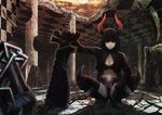  absurdres bikini_top black_gold_saw black_hair black_rock_shooter boots chain highres horns king_saw long_hair midriff navel okuya_shichirou pale_skin red_eyes scythe shorts solo squatting sword weapon 