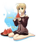  artoria_pendragon_(all) barefoot blonde_hair eating fate/stay_night fate_(series) food fruit green_eyes holding holding_food holding_fruit saber solo watermelon zanshi 