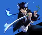  ao_no_exorcist belt blue_fire chain fire male_focus nanatsu_maka necktie okumura_rin pointy_ears school_uniform simple_background solo striped striped_neckwear sword tail tail-tip_fire weapon 