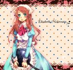  :&lt; apron aqua_eyes axis_powers_hetalia blush brown_hair dress face flower frying_pan hair_flower hair_ornament highres hungary_(hetalia) long_hair maid_headdress solo yuh 